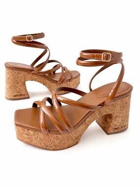 JIMMY CHOO | Brown Patent Leather Cork Platform Sandals Cecelia 95 EU 38